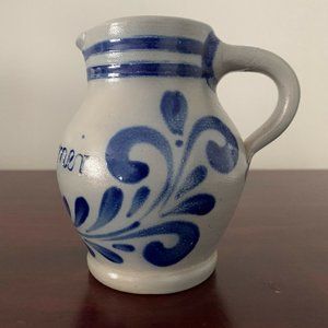 VTG 5” German HANDARBEIT Salt Glazed Cobalt Light Blue Pottery Pitcher A. Wagner